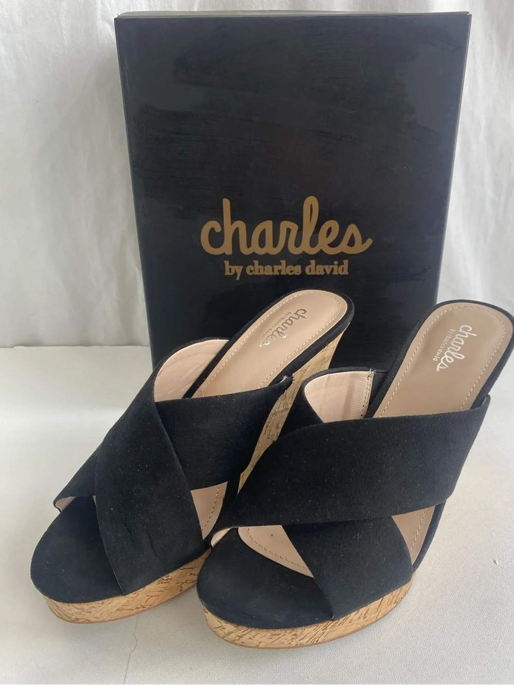 Charles By Charles David Latrice Black Crisscross Cork Wedge Sandals shoes 9.5